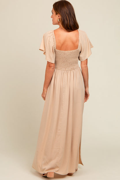 Beige Chambray Smocked Maxi Dress