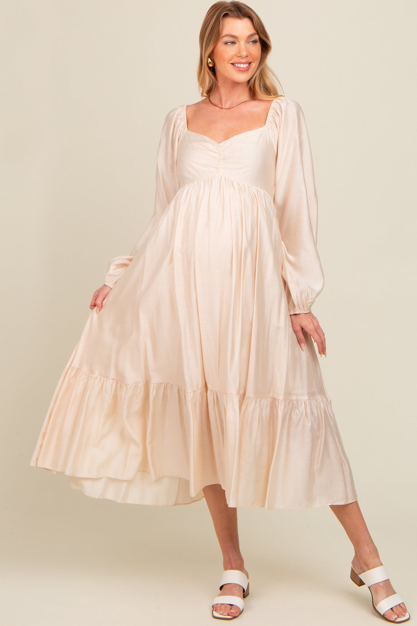 Beige Front Ruched Babydoll Maternity Midi Dress