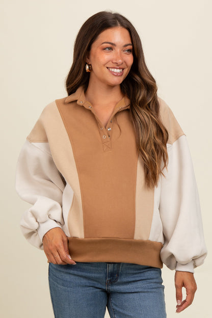 Beige Colorblock Snap Button Maternity Polo Sweatshirt