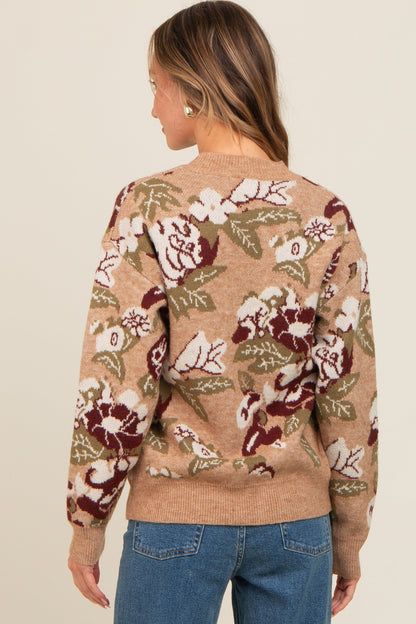 Beige Floral Print Crew Neck Sweater