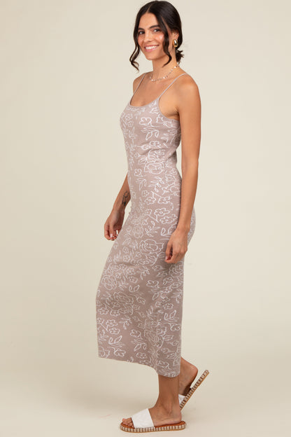Beige Floral Knit Fitted Midi Dress