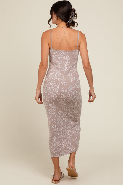 Beige Floral Knit Fitted Midi Dress