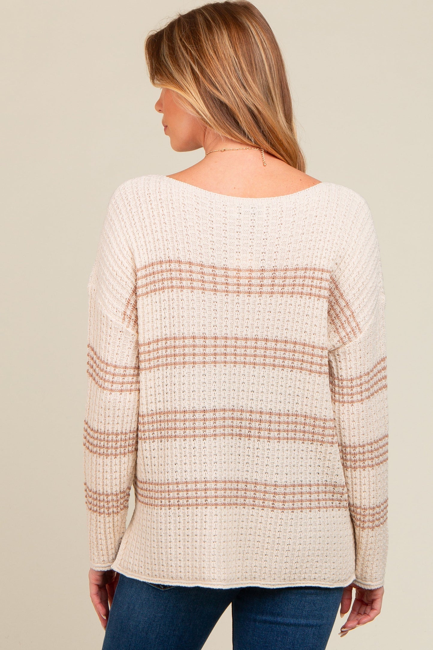 Beige Striped Waffle Knit Maternity Sweater