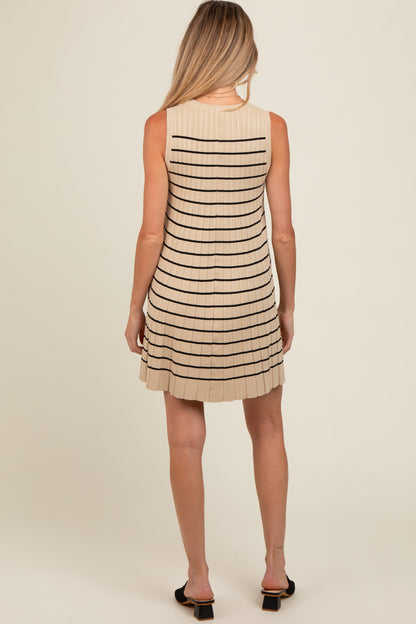 Beige Striped Knit Pleated Maternity A-Line Mini Dress