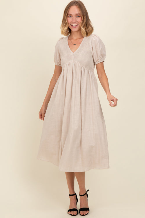 Beige Smocked V-Neck Puff Sleeve Midi Dress