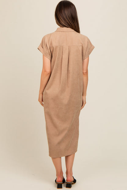 Beige Corduroy Button Down Maternity Midi Dress