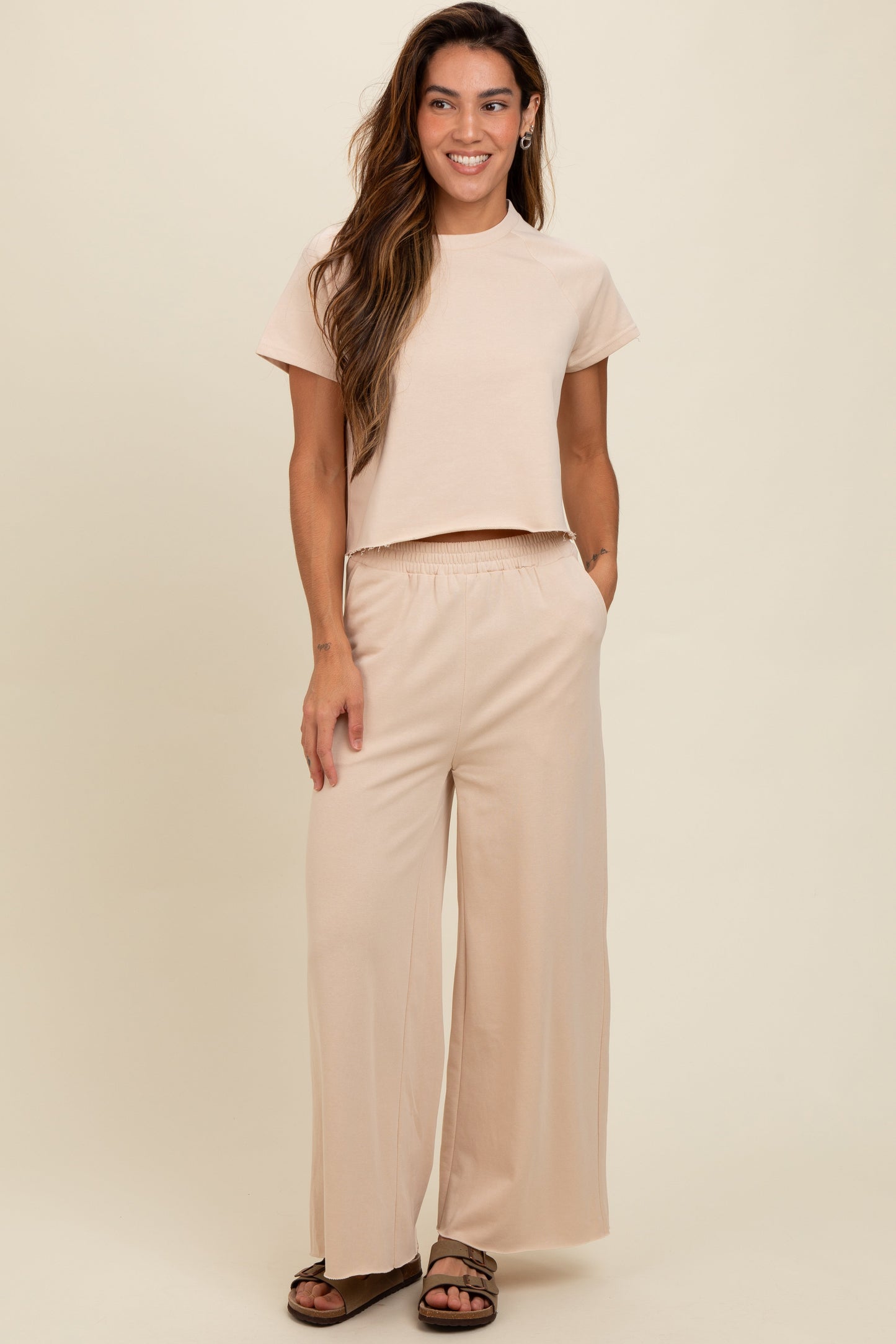 Beige Basic Tee And Wide Leg Pant Set