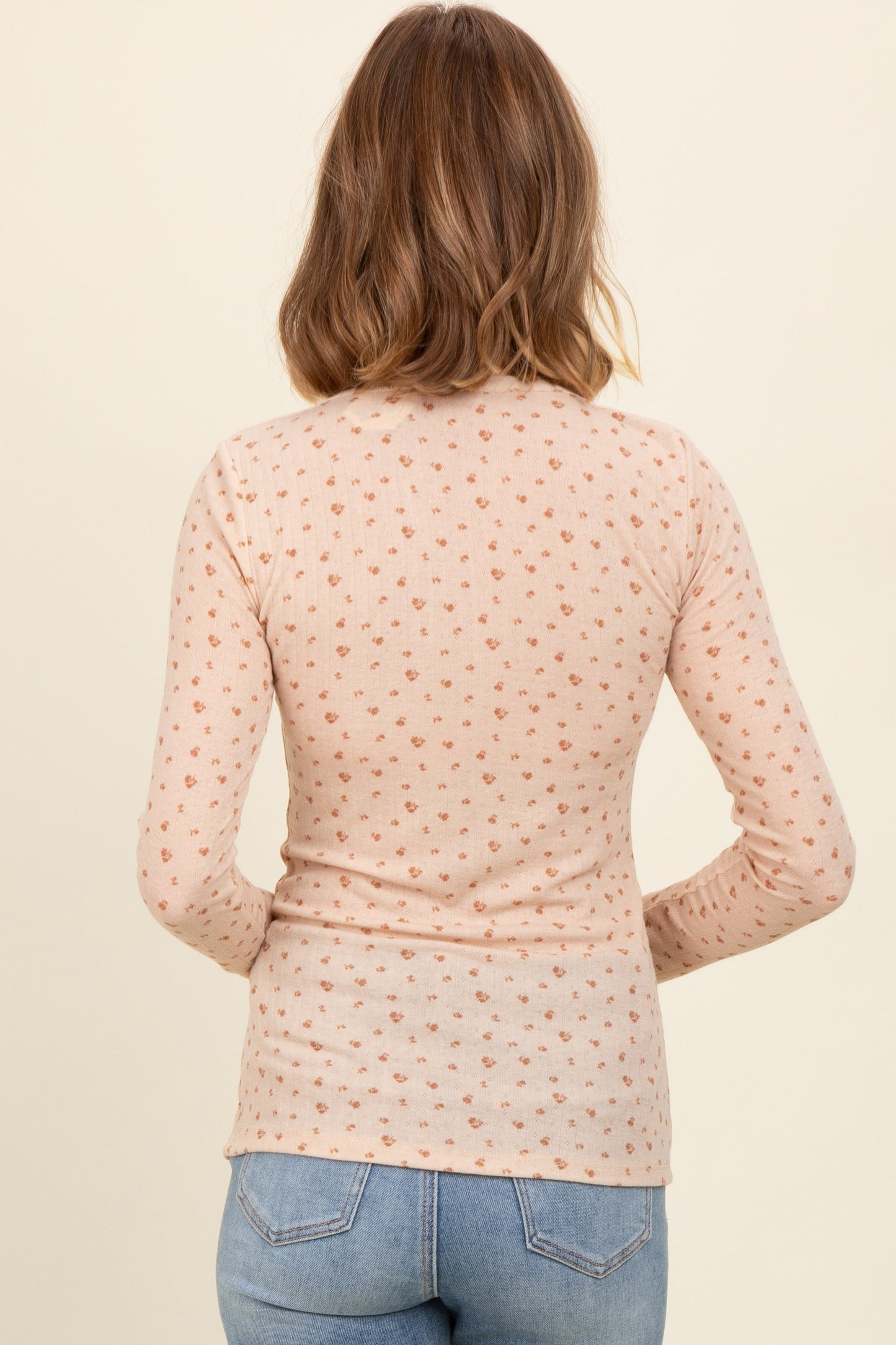 Beige Floral Bow Detail Long Sleeve Fitted Top