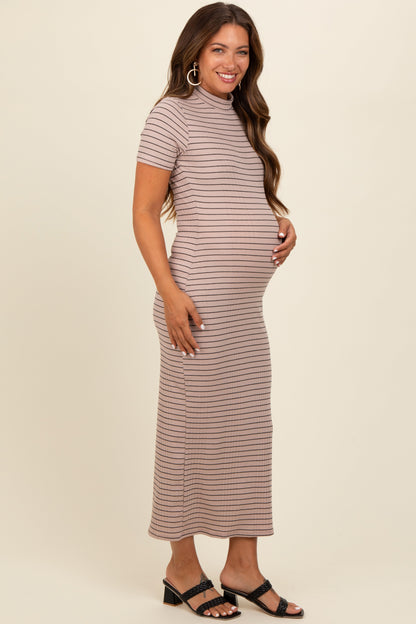 Beige Striped Mock Neck Fitted Maternity Midi Dress