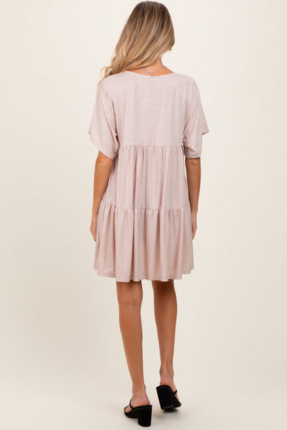 Beige Glitter Flutter Sleeve Tiered Maternity Dress