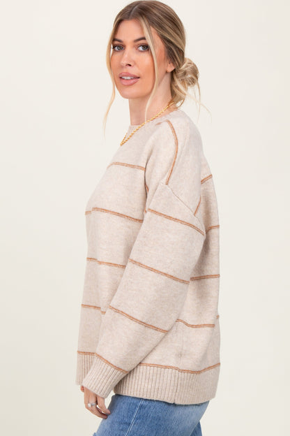 Beige Striped Drop Shoulder Sweater