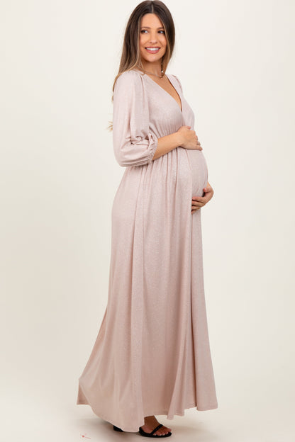 Beige Glitter V-Neck Maternity Maxi Dress