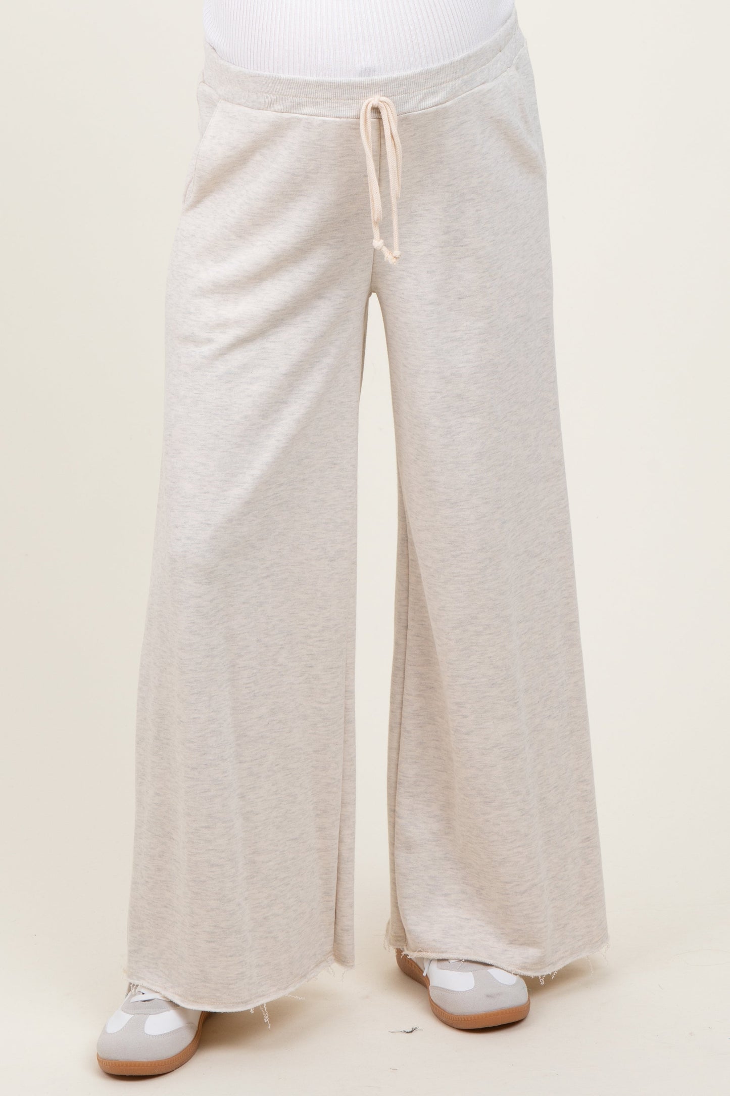 Beige French Terry Raw Edge Maternity Wide Leg Pants