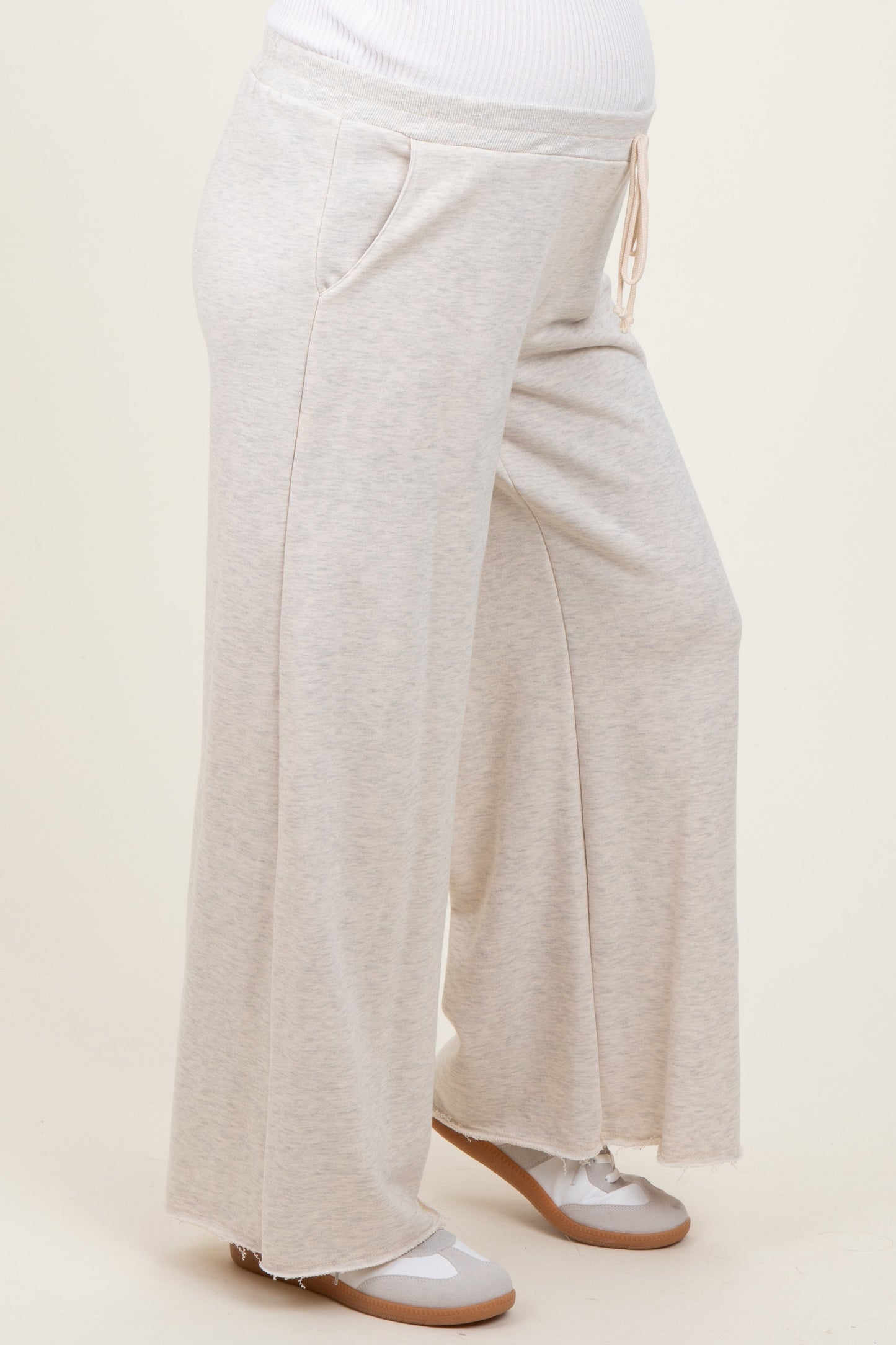 Beige French Terry Raw Edge Maternity Wide Leg Pants
