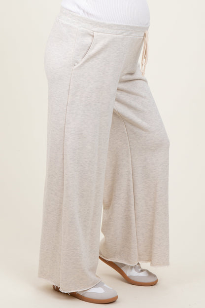 Beige French Terry Raw Edge Maternity Wide Leg Pants