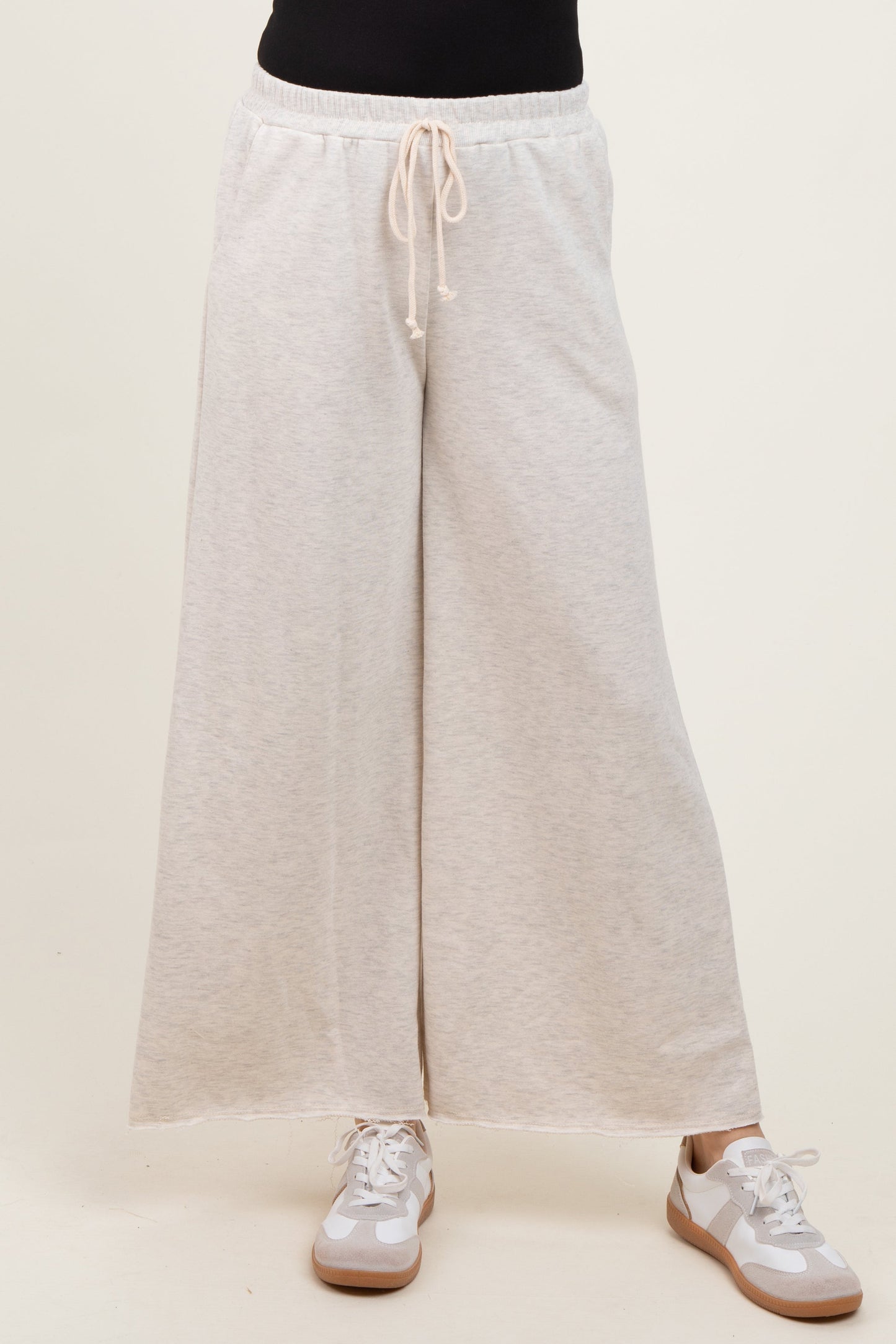 Beige French Terry Raw Edge Wide Leg Pants