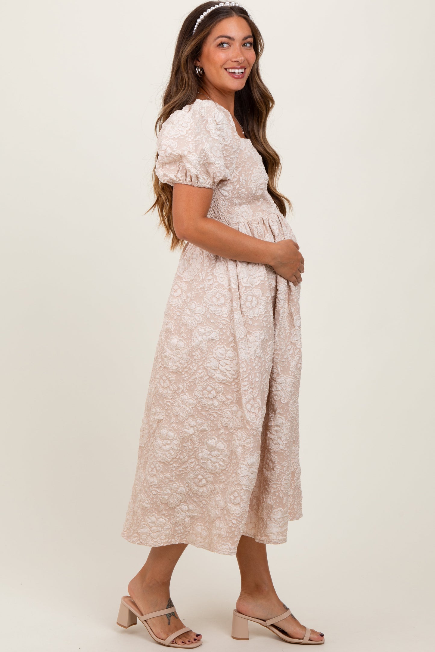 Beige Floral Jacquard Knit Puff Sleeves Maternity Midi Dress