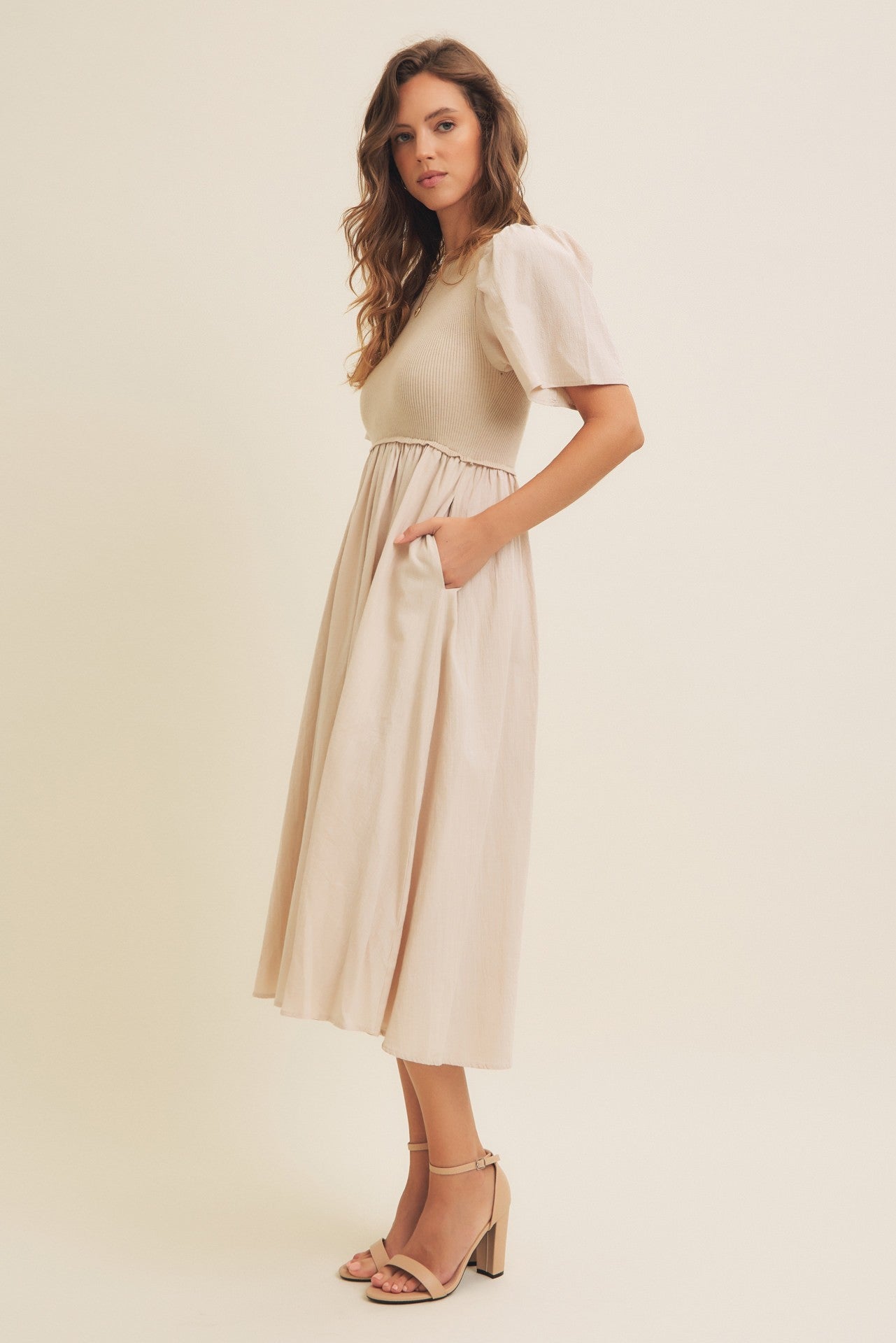 Beige Ribbed Knit Contrast Top Midi Dress