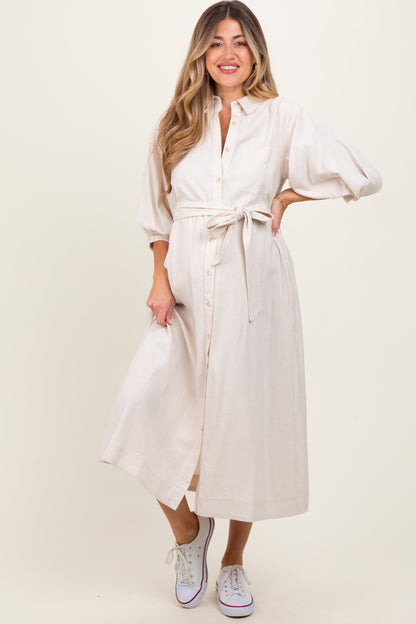Beige 3/4 Bubble Sleeve Maternity Midi Shirt Dress