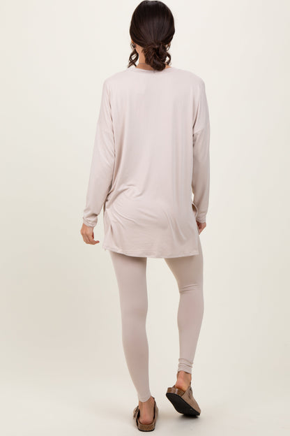 Beige Brushed Knit Oversized Top and Legging Set