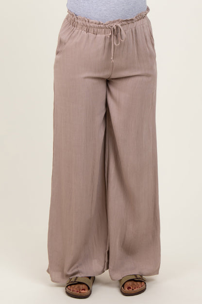 Beige Ruffled Drawstring Waist Wide Leg Maternity Pants