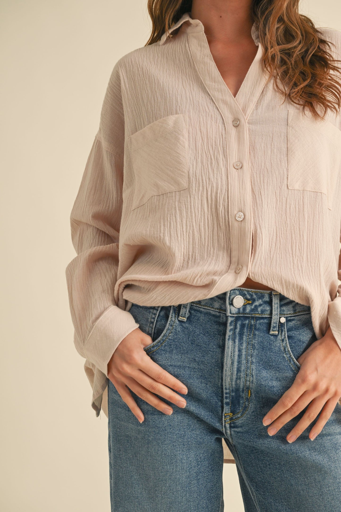 Beige Cotton Gauze Oversized Button Down Shirt