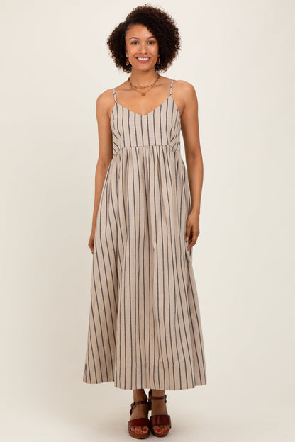 Beige Striped Linen Blend Maxi Dress