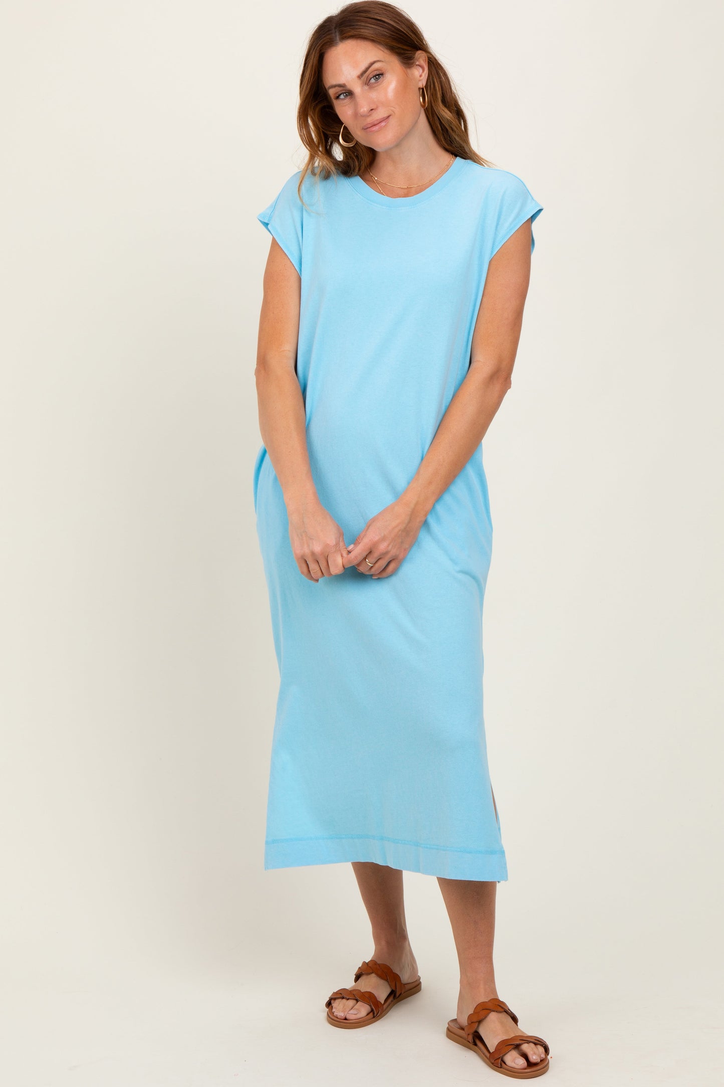 Aqua Casual Sleeveless Pocketed Maternity Midi Dress