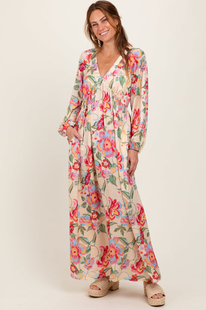 Beige Floral V-Neck Long Sleeve Maxi Dress