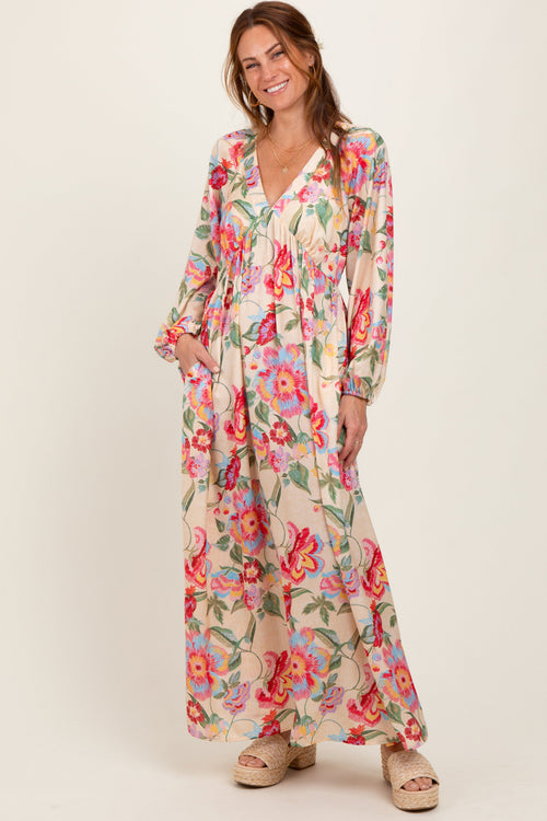 Beige Floral V-Neck Long Sleeve Maxi Dress