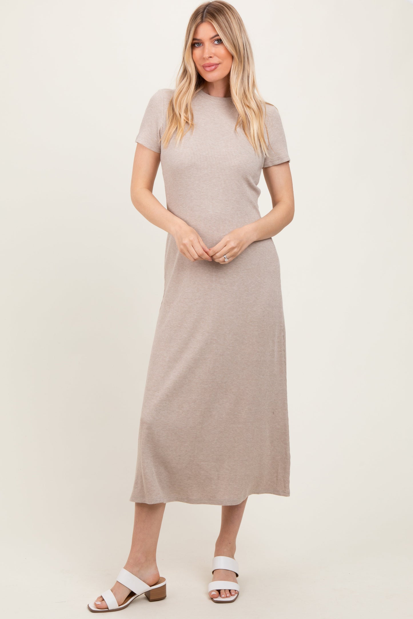 Beige Ribbed Short Sleeve Midi Dress