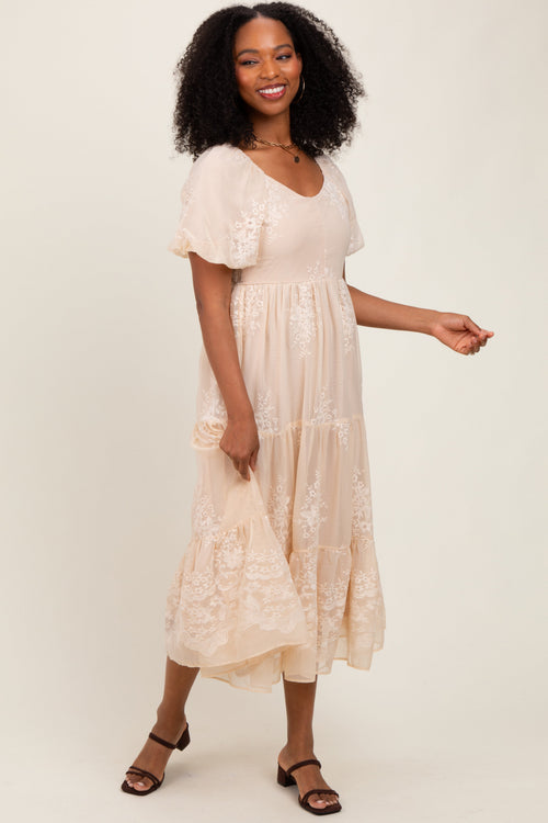 Beige Floral Embroidered Chiffon Midi Dress