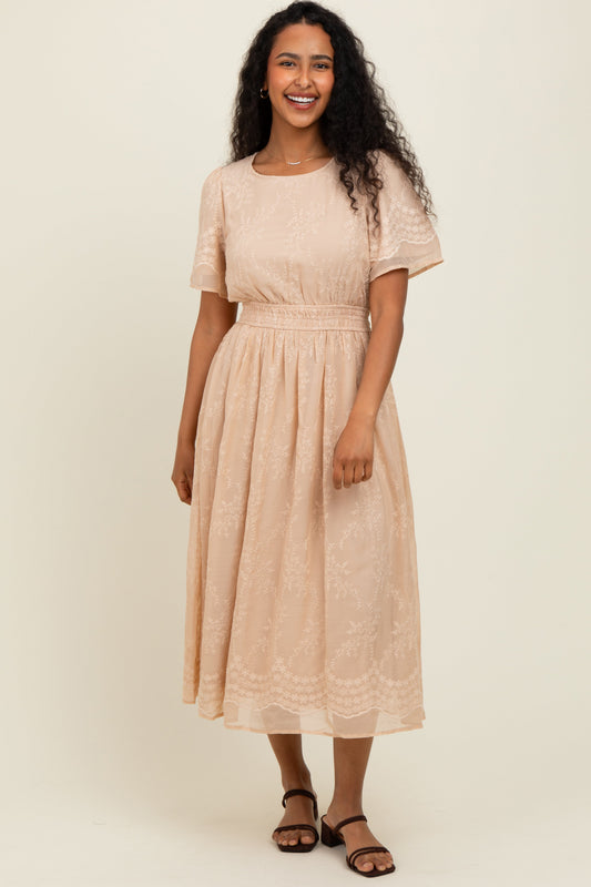 Beige Floral Embroidered Midi Dress
