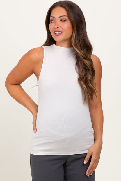 Beige Ribbed Sleeveless Mock Neck Maternity Top