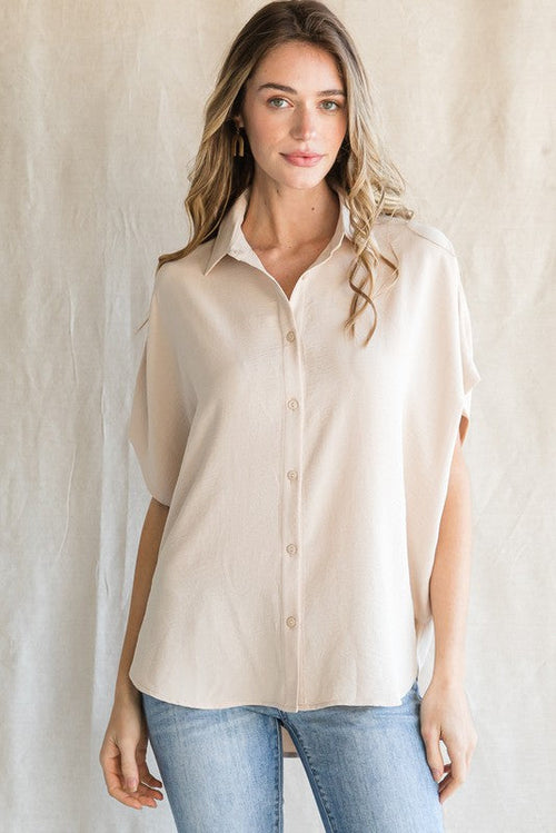 Beige Solid Collared Button-Up Top