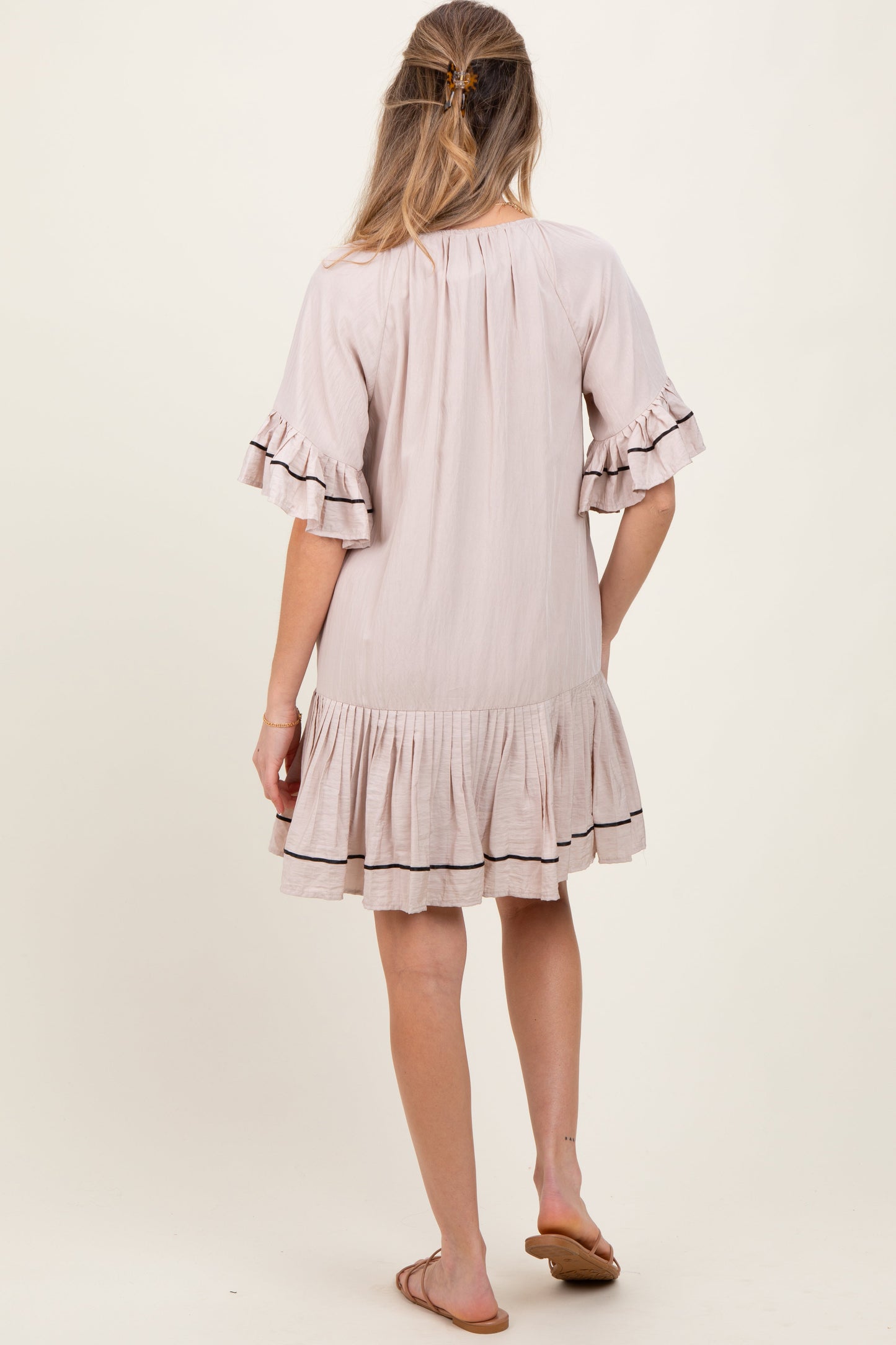 Beige Solid Short Sleeve Pocketed Maternity Dress