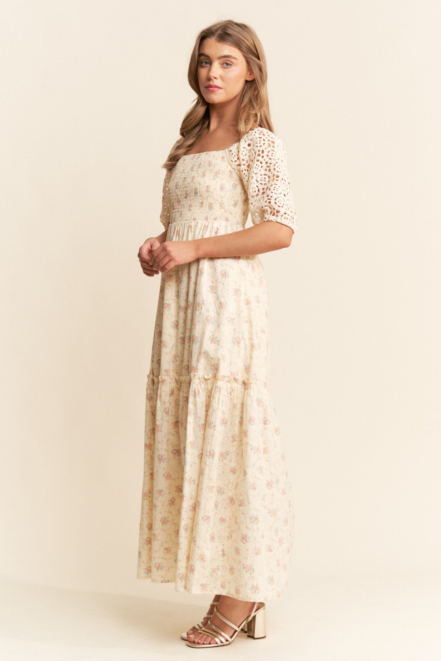 Beige Floral Print Smocked Crochet Tiered Maxi Dress