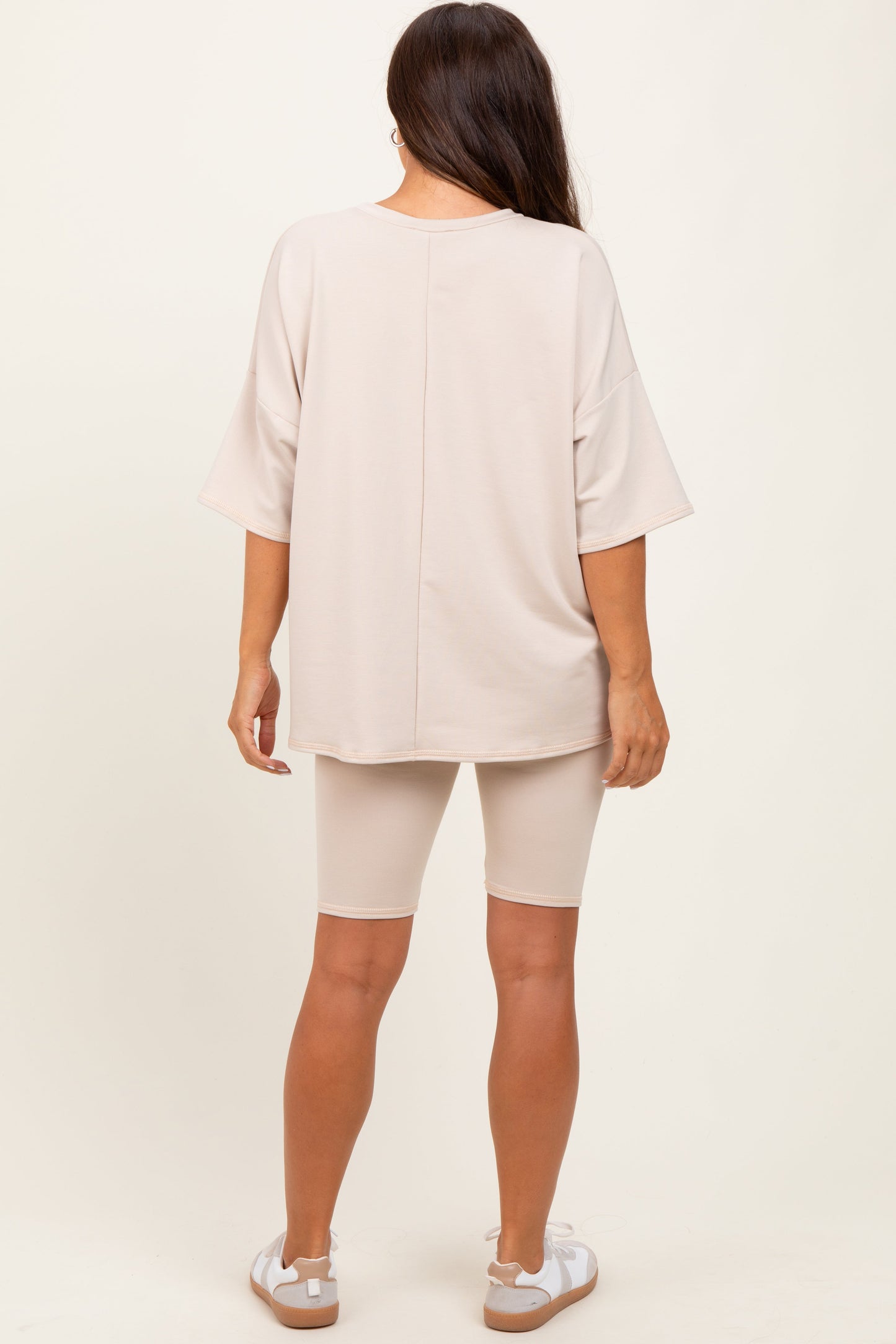 Beige Oversized Short Sleeve Biker Short Maternity Set