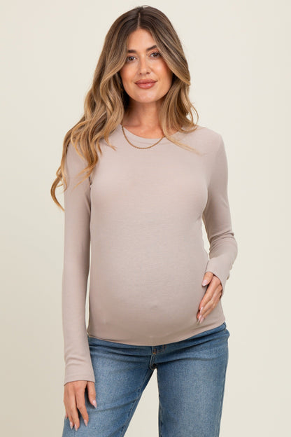 Beige Ribbed Maternity Long Sleeve Top