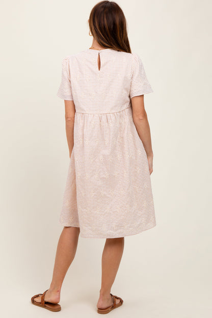 Beige Gingham Short Sleeve Dress