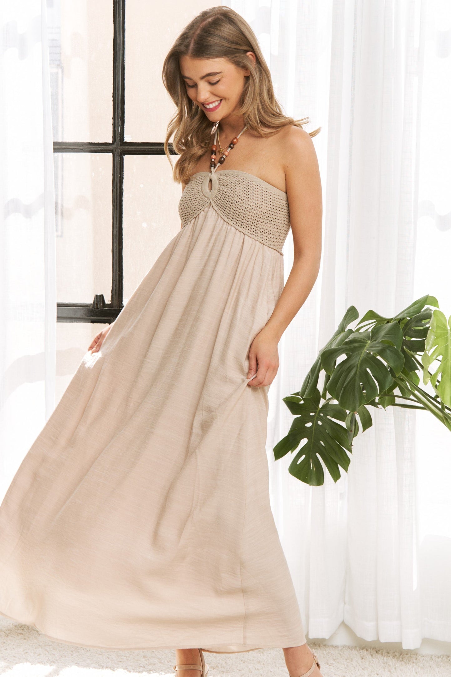 Beige Crochet Contrast Beaded Halter Neck Maxi Dress