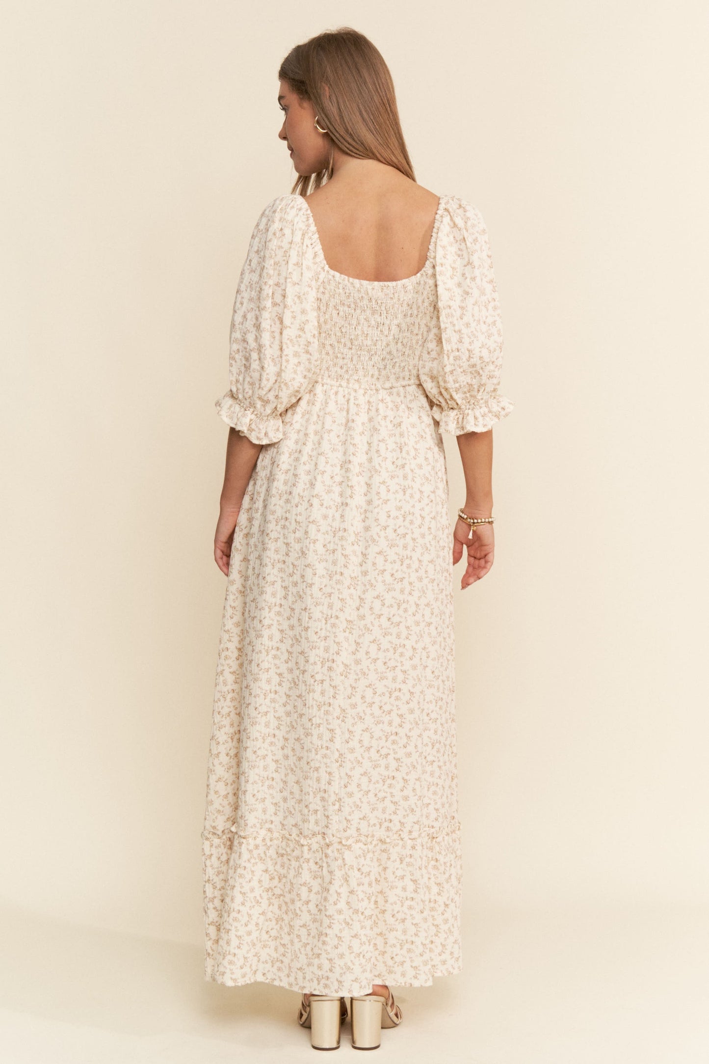 Beige Floral Print Square Neckline Maxi Dress