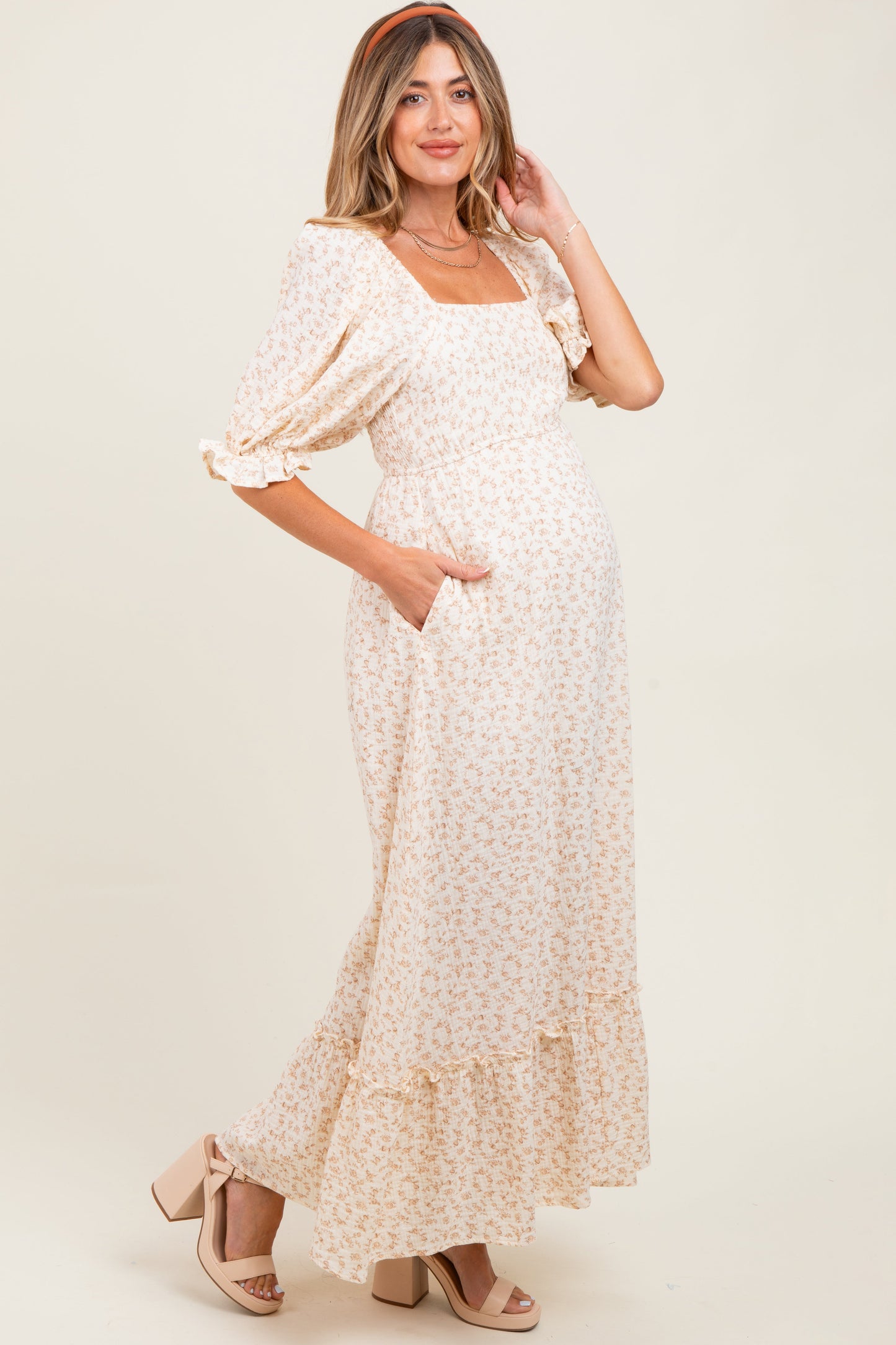 Beige Floral Print Square Neckline Maternity Maxi Dress