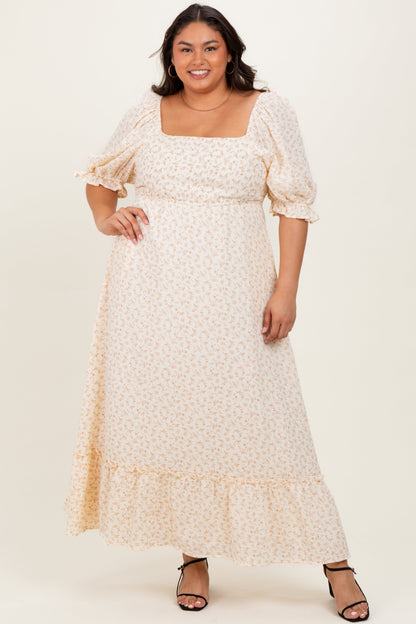 Beige Floral Print Square Neckline Plus Maxi Dress