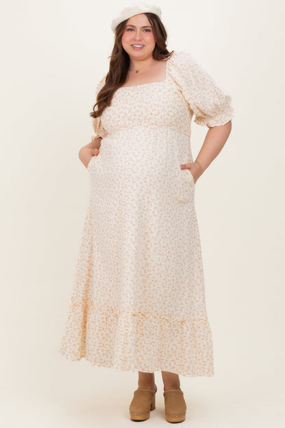 Beige Floral Print Square Neckline Plus Maternity Maxi Dress