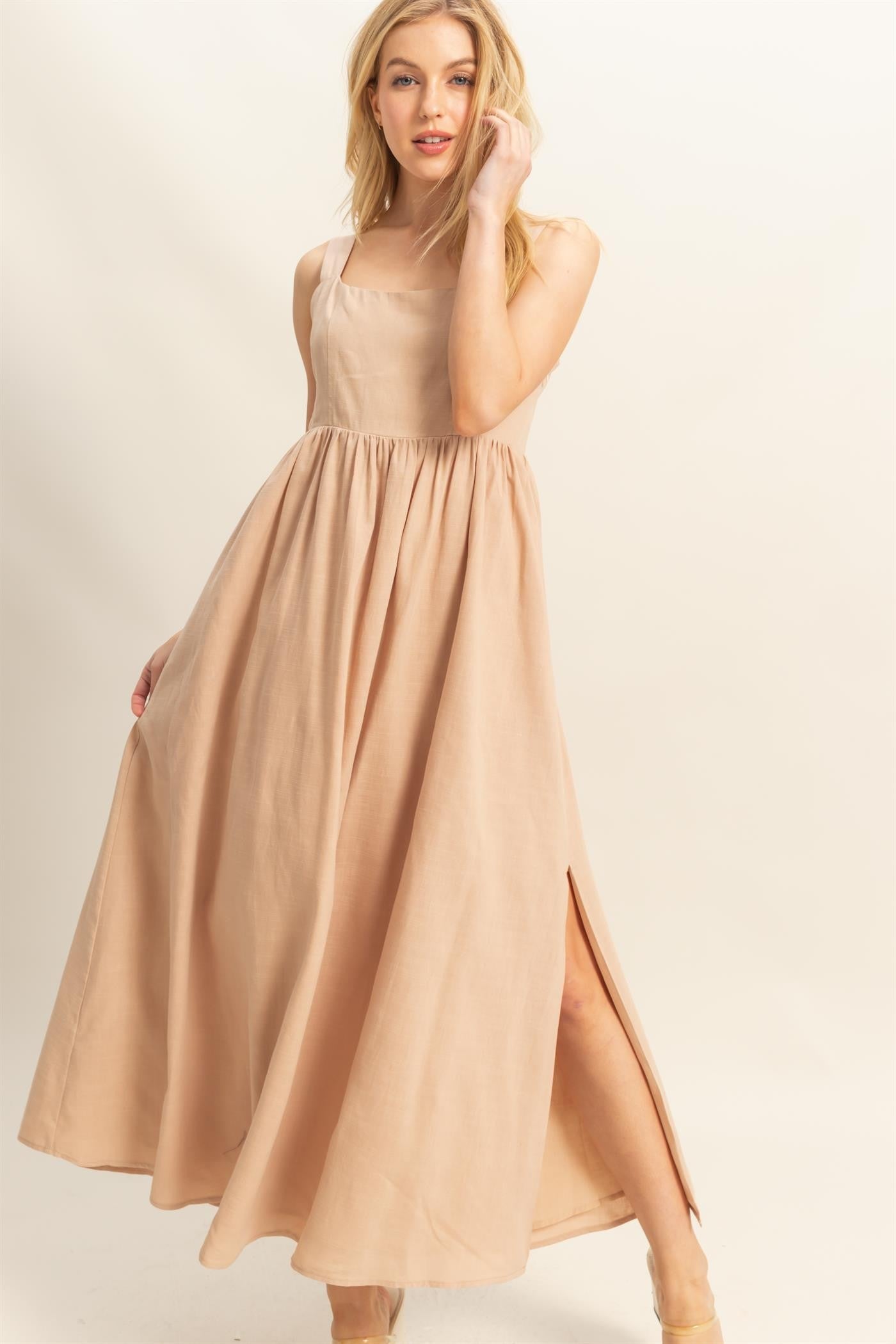 Beige Square Neck Fit And Flare Midi Dress