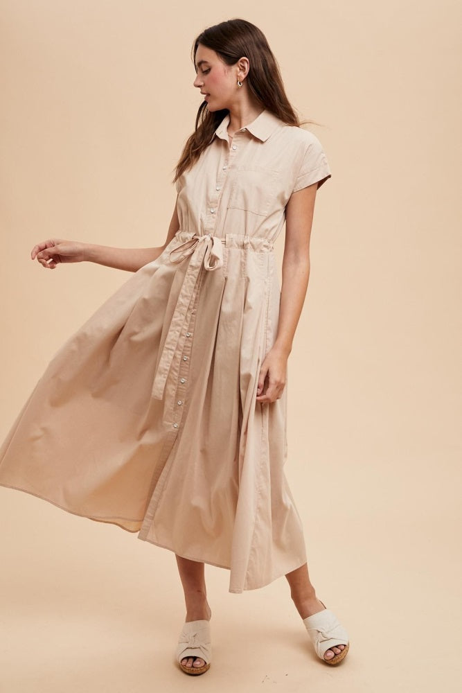Beige Button Down Shirt Maxi Dress