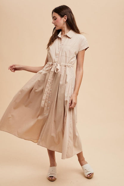 Beige Button Down Shirt Maxi Dress
