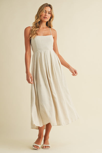Beige Linen Ribbon Pattern Embroidered Midi Dress