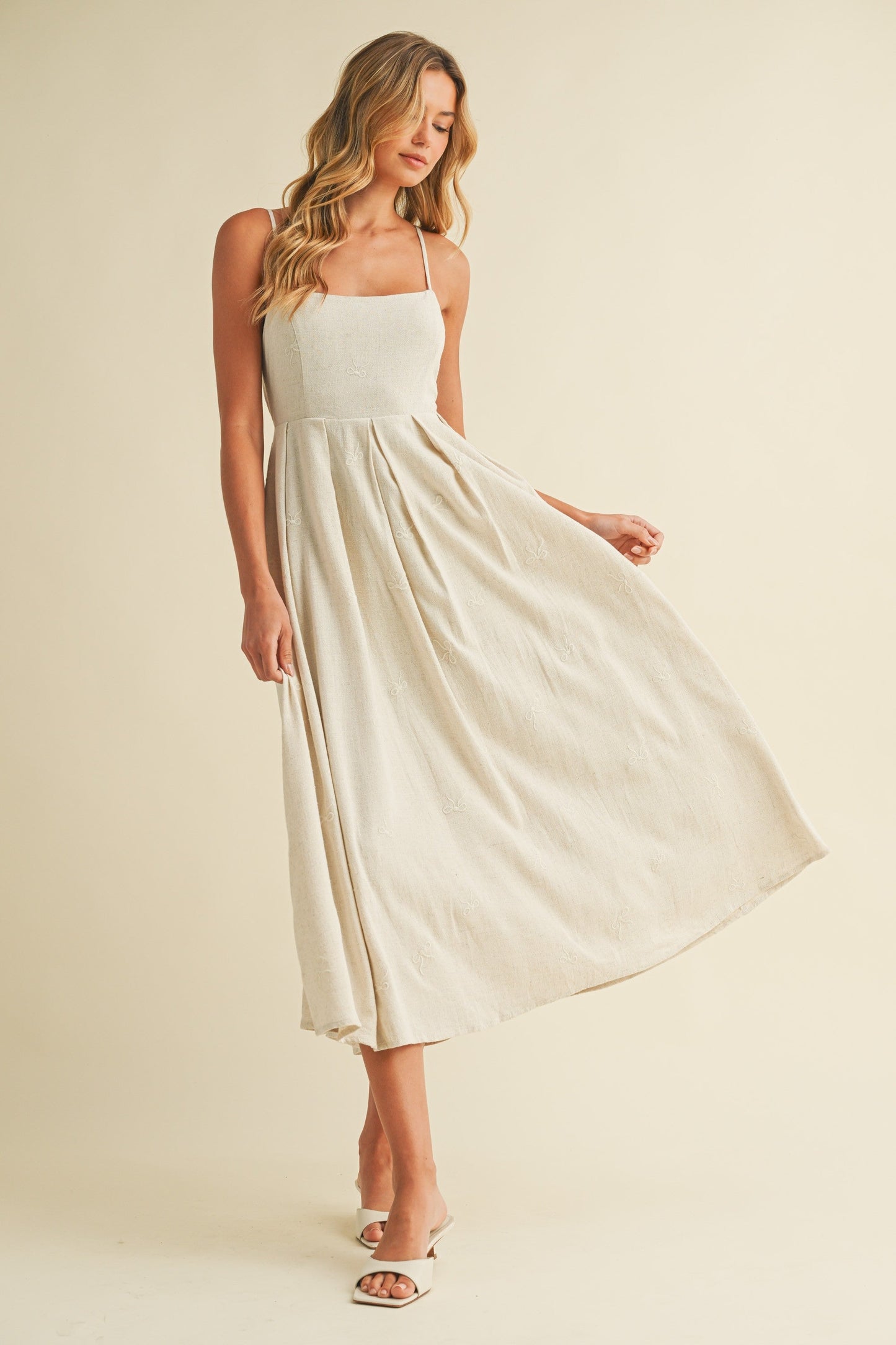 Beige Linen Ribbon Pattern Embroidered Midi Dress